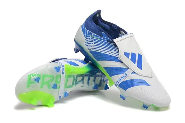 Adidas Predator Branco e Azul Fecho de Correia Assimétrica Upper Listrado Firm-Ground Sapatos de Futebol 6