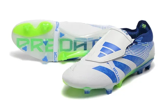 Adidas Predator Branco e Azul Fecho de Correia Assimétrica Upper Listrado Firm-Ground Sapatos de Futebol 7