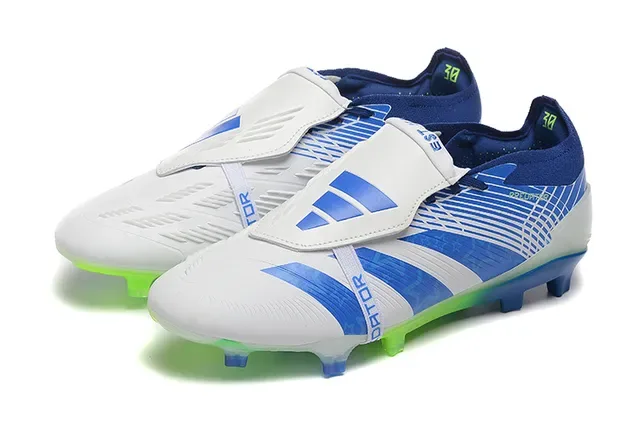 Adidas Predator Branco e Azul Fecho de Correia Assimétrica Upper Listrado Firm-Ground Sapatos de Futebol 8