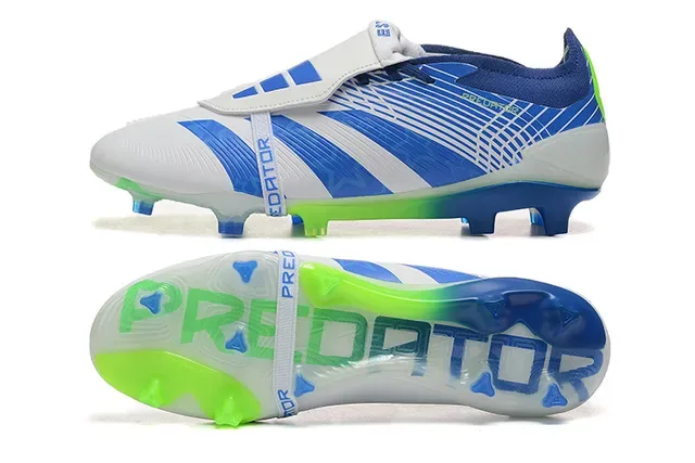 Adidas Predator Branco e Azul Fecho de Correia Assimétrica Upper Listrado Firm-Ground Sapatos de Futebol 9