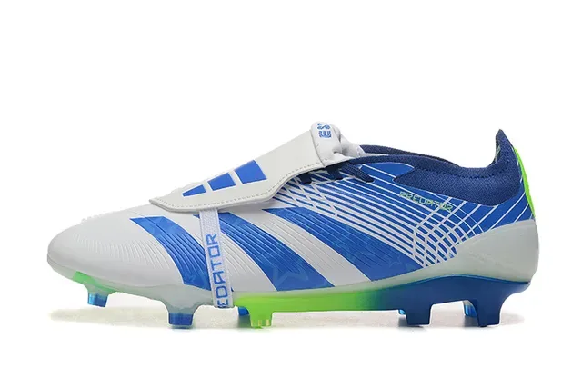 Adidas Predator Branco e Azul Fecho de Correia Assimétrica Upper Listrado Firm-Ground Sapatos de Futebol 10