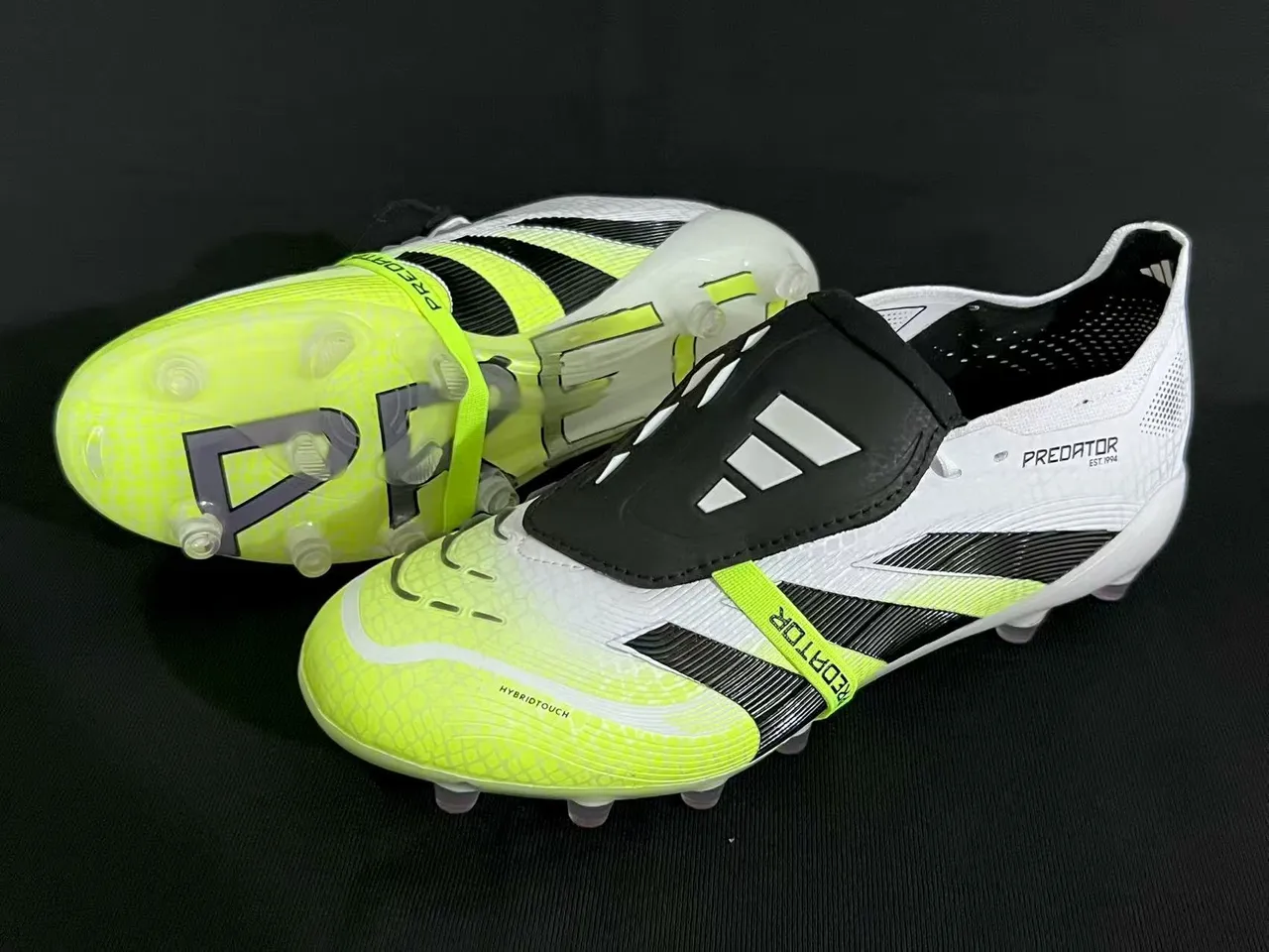 Adidas Predator Yellow White Laceless Strap Closure Neon Hybrid-Touch Upper Firm-Ground Soccer Shoes 9