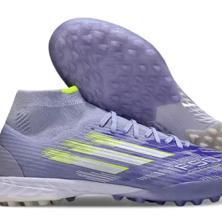 Adidas Purple Yellow Sock-Fit Knit Upper Three-Stripe Graphic Overlay Turf Soccer Shoes