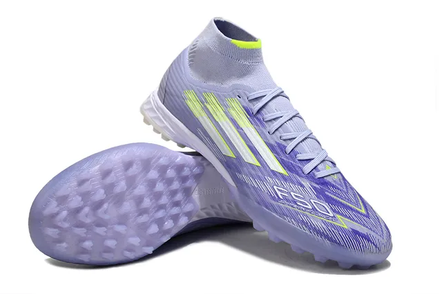 Adidas Tênis de Futebol com Sobreposição Gráfica de Três Listras na Parte Superior de Malha com Ajuste de Meia em Roxo Amarelo para Gramado 4