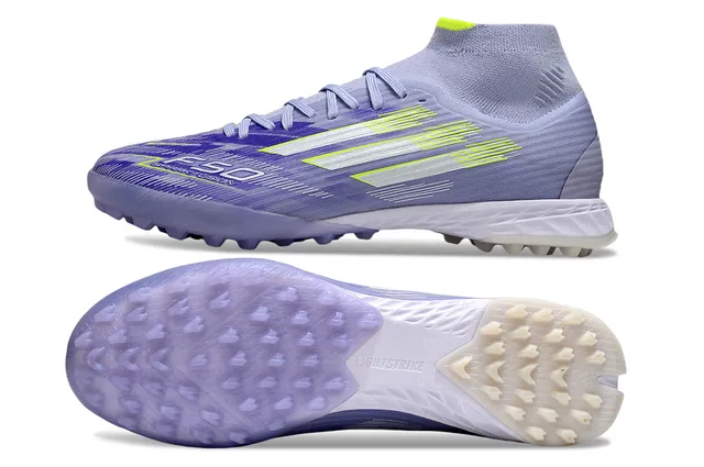 Adidas Tênis de Futebol com Sobreposição Gráfica de Três Listras na Parte Superior de Malha com Ajuste de Meia em Roxo Amarelo para Gramado 6