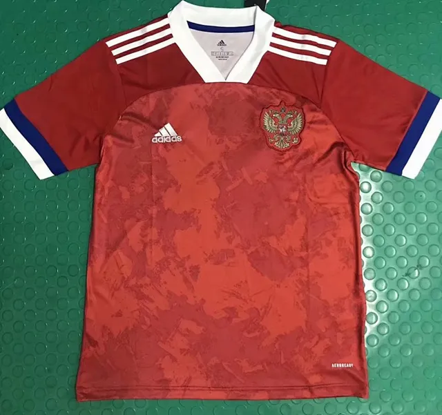 Adidas Equipa Nacional da Rússia Casa Vermelho Azul Gola em V Bandas de Ombro de Três Listras Camiseta 2