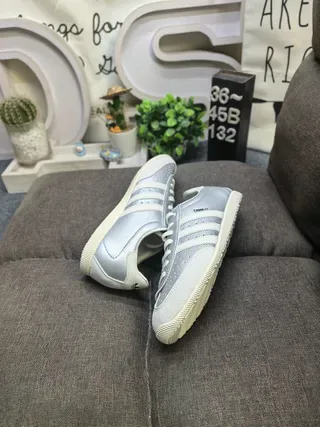 Adidas Silver White Metallic Leather Perforated Toebox Lifestyle Sneakers 6