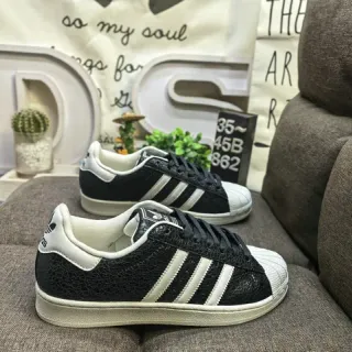 Adidas Superstar Black and White Cracked Leather Lifestyle Sneakers
