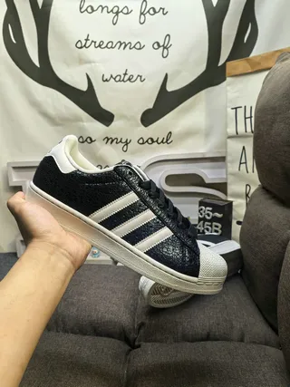 Adidas Superstar Black and White Cracked Leather Lifestyle Sneakers 5