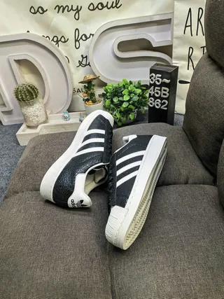 Adidas Superstar Black and White Cracked Leather Lifestyle Sneakers 6