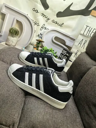 Adidas Superstar Black and White Cracked Leather Lifestyle Sneakers 7