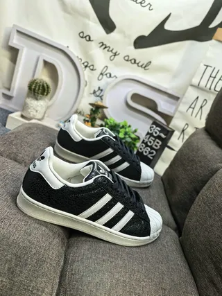Adidas Superstar Black and White Cracked Leather Lifestyle Sneakers 9