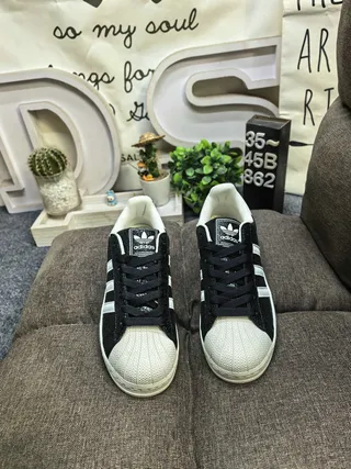Adidas Superstar Black and White Cracked Leather Lifestyle Sneakers 10