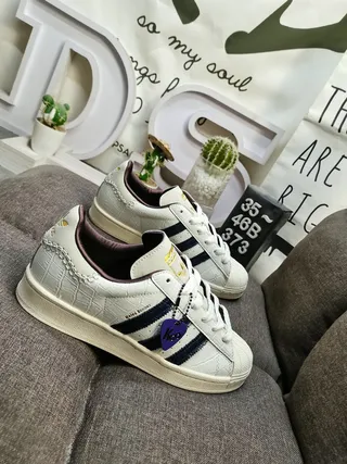 Adidas Superstar Off-White Croc-Embossed Navy Stripe Lifestyle Sneakers 9