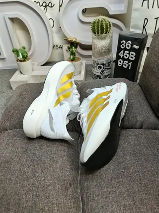 Adidas White and Gold Three-Stripe Running Shoes 6