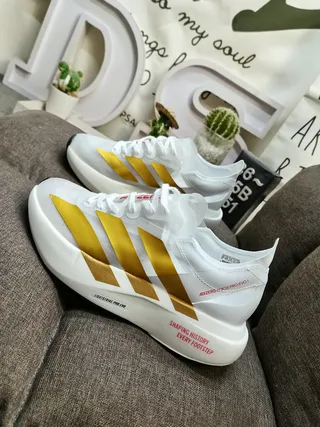 Adidas White and Gold Three-Stripe Running Shoes 7
