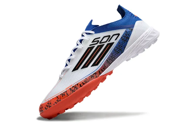 Adidas Branco Azul Low-Cut Upper Sintético Impressão Gráfica Jaula Medi-pé Grama Artificial Sapatos de Futebol 3