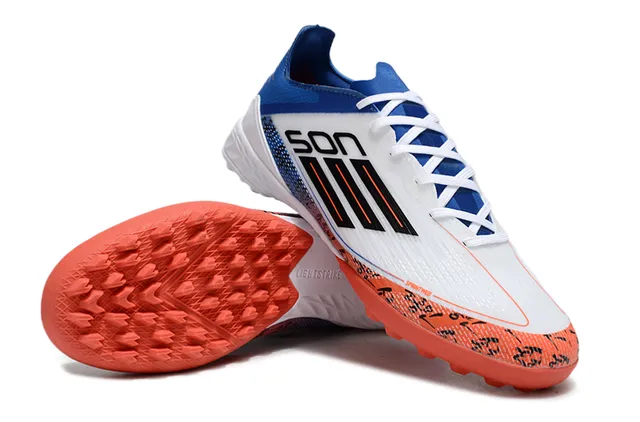 Adidas Branco Azul Low-Cut Upper Sintético Impressão Gráfica Jaula Medi-pé Grama Artificial Sapatos de Futebol 4