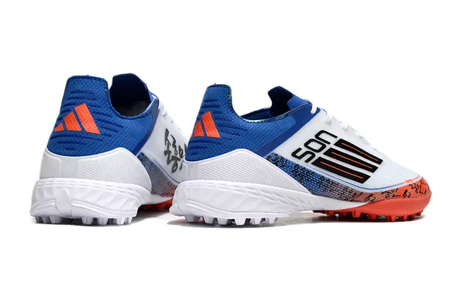 Adidas Branco Azul Low-Cut Upper Sintético Impressão Gráfica Jaula Medi-pé Grama Artificial Sapatos de Futebol 5