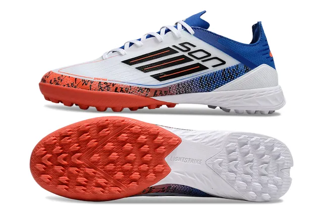 Adidas Branco Azul Low-Cut Upper Sintético Impressão Gráfica Jaula Medi-pé Grama Artificial Sapatos de Futebol 6