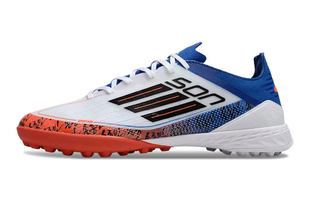 Adidas Branco Azul Low-Cut Upper Sintético Impressão Gráfica Jaula Medi-pé Grama Artificial Sapatos de Futebol 7