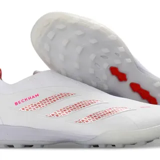 Adidas Sapatos de futebol brancos vermelhos sem cadarços com ajuste de meia superior studs moldados para grama artificial