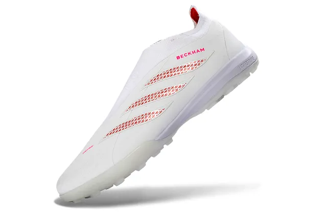 Adidas Chaussures de football blanches rouges sans lacets avec ajustement chaussette supérieur studs pelouse artificielle moulés 12