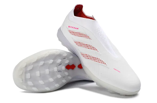 Adidas Chaussures de football blanches rouges sans lacets avec ajustement chaussette supérieur studs pelouse artificielle moulés 13