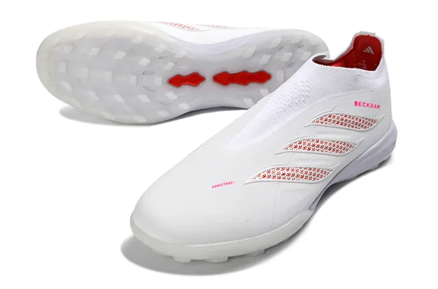 Adidas Chaussures de football blanches rouges sans lacets avec ajustement chaussette supérieur studs pelouse artificielle moulés 14