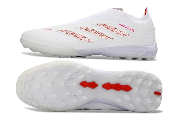 Adidas Chaussures de football blanches rouges sans lacets avec ajustement chaussette supérieur studs pelouse artificielle moulés 16