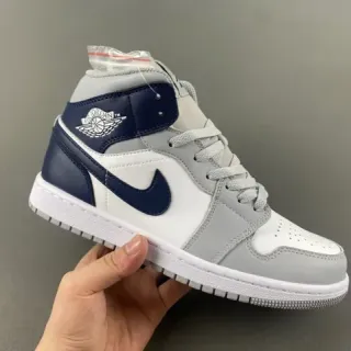 Air Jordan 1 Gray Navy High-Top Leather-Paneled Basketball Shoes