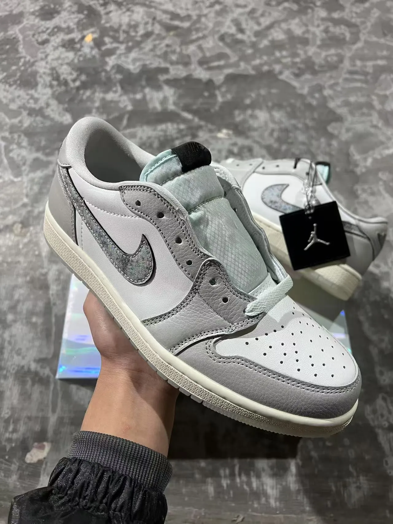 Air Jordan 1 Low Light Gray Iridescent Swoosh Lifestyle Sneakers 2