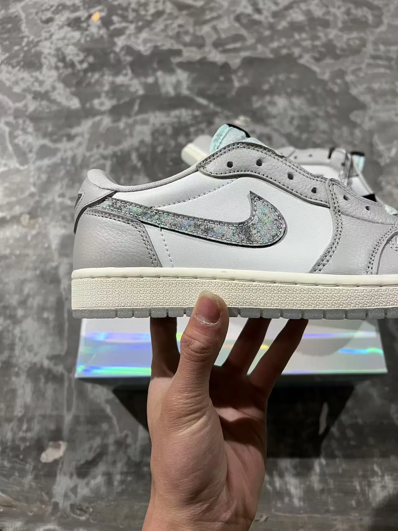 Air Jordan 1 Low Light Gray Iridescent Swoosh Lifestyle Sneakers 7