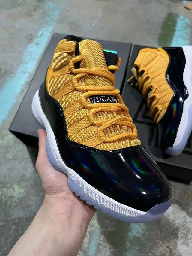 Air Jordan 11 Mustard Yellow and Iridescent Black Basketball Shoes 2