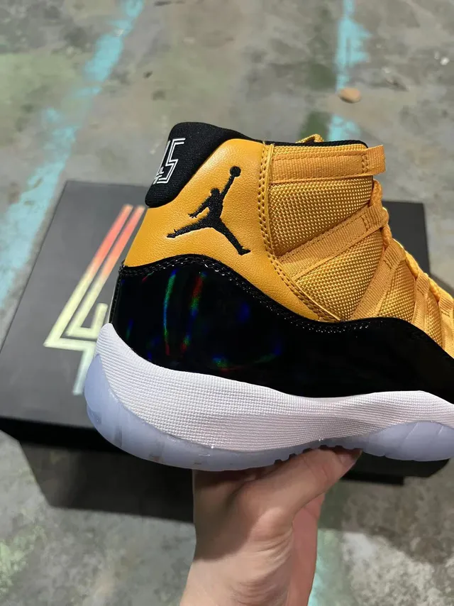 Air Jordan 11 Mustard Yellow and Iridescent Black Basketball Shoes 4