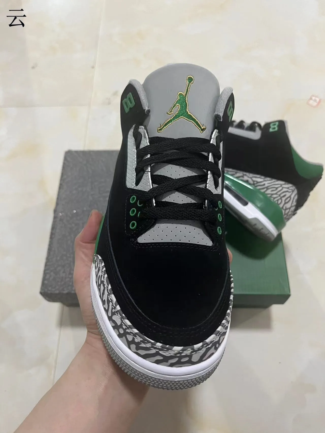 Air Jordan 3 Black Green Elephant Print Basketball Shoes 2