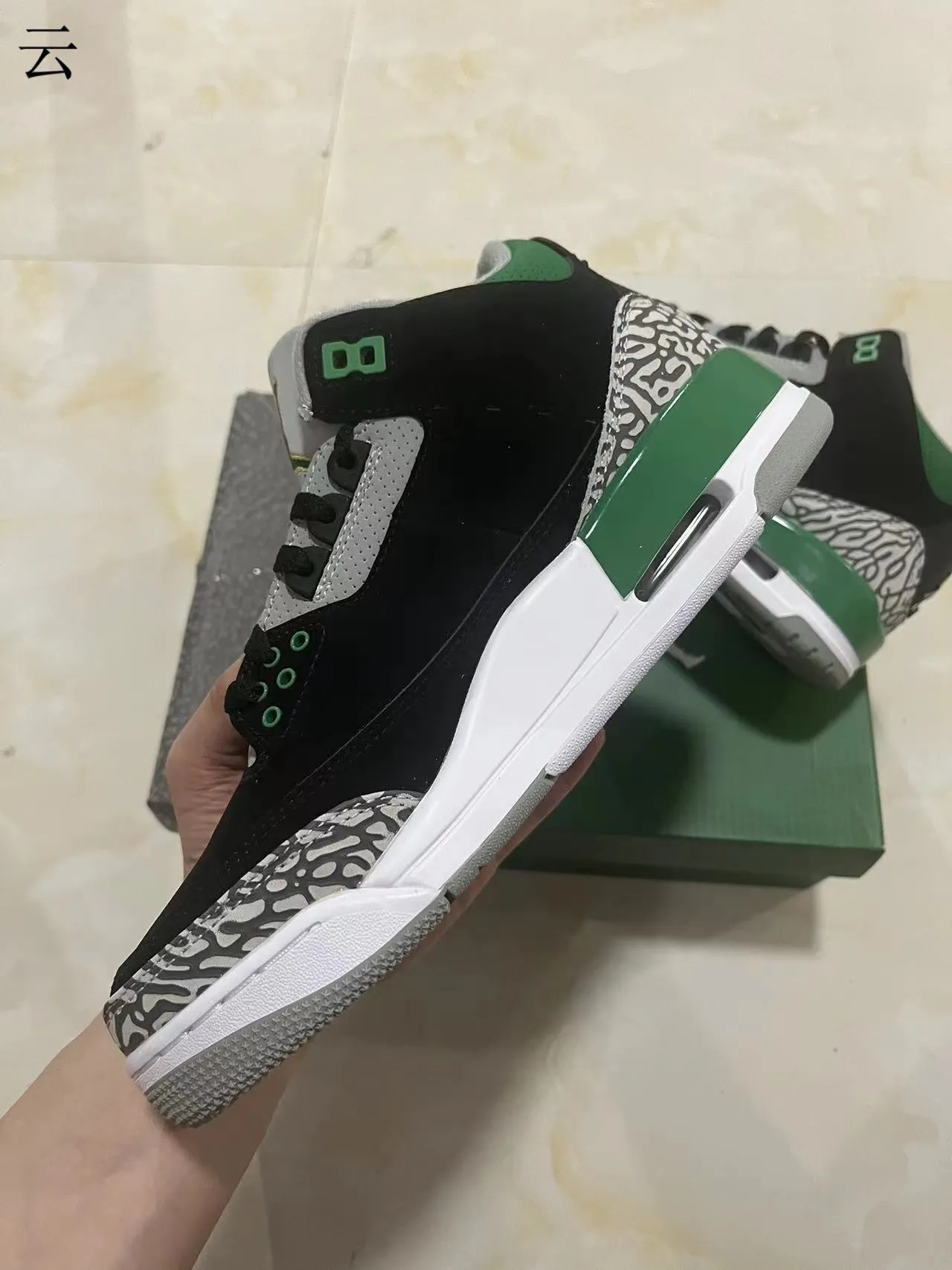 Air Jordan 3 Black Green Elephant Print Basketball Shoes 4