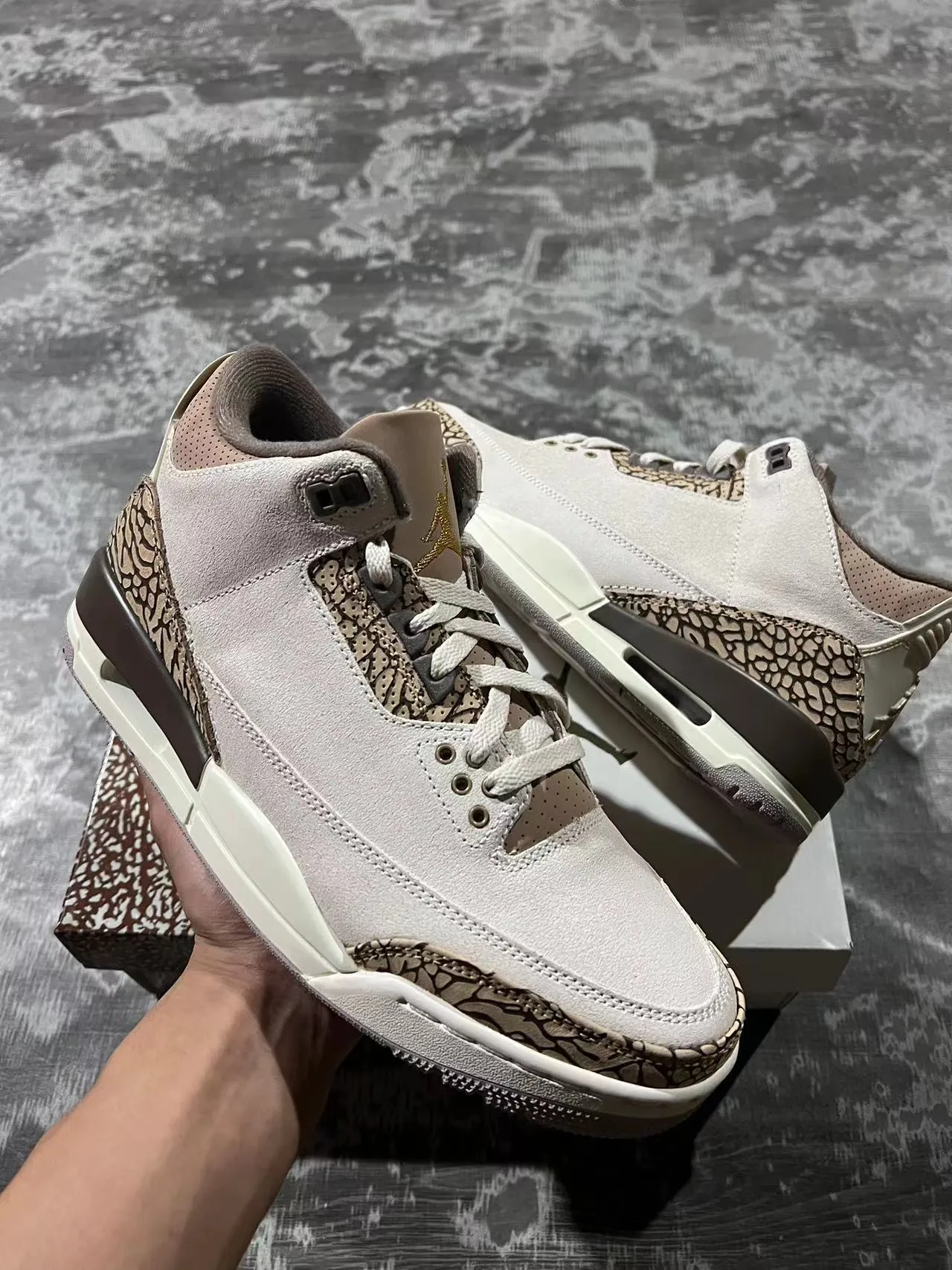 Chaussures de basketball Air Jordan 3 à imprimé éléphant beige et marron 2