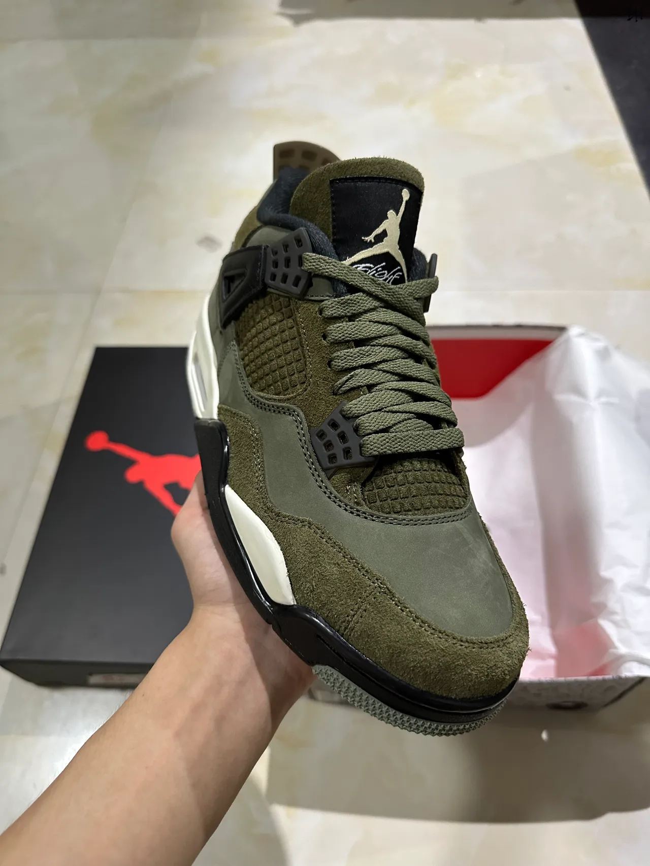 Air Jordan 4 Olive Green Suede Basketball Shoes 2