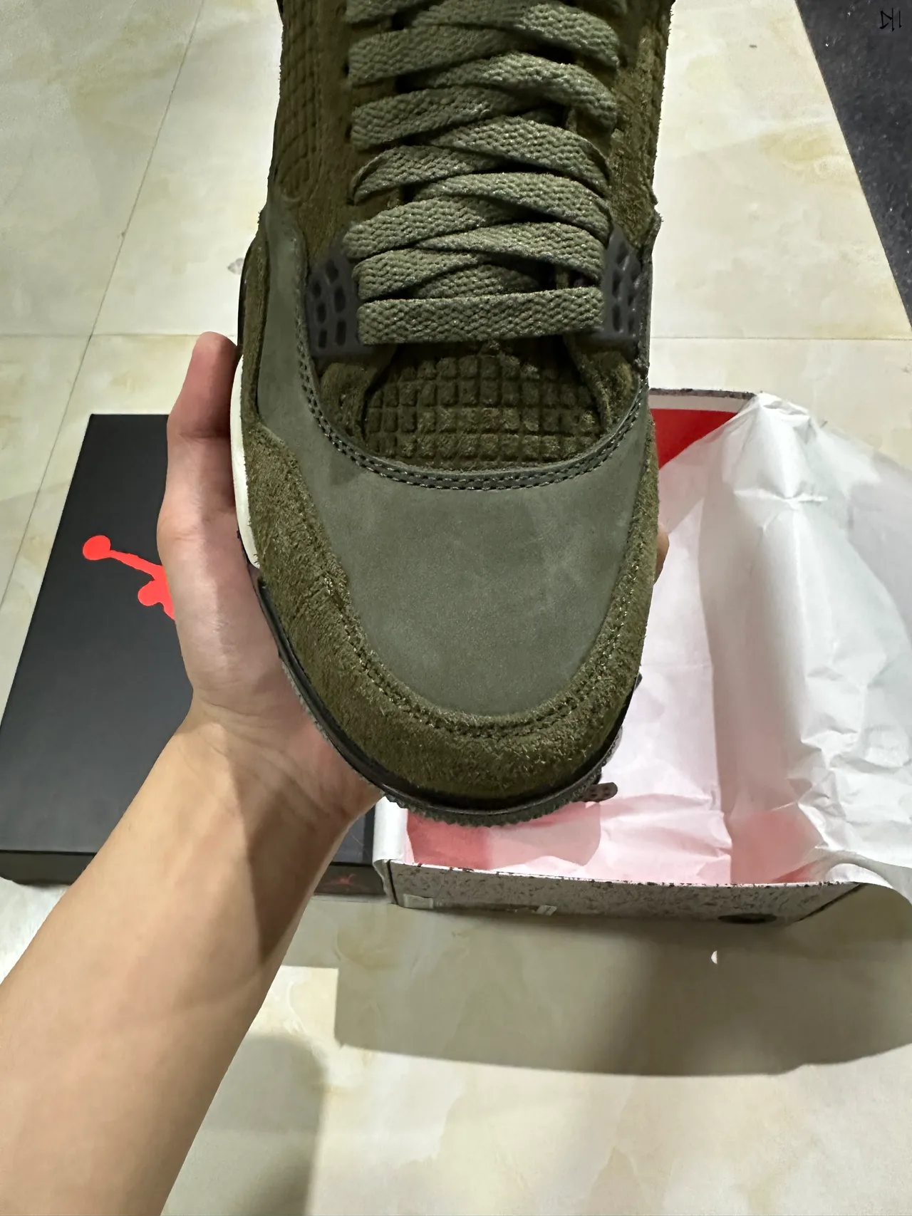 Air Jordan 4 Olive Green Suede Basketball Shoes 3