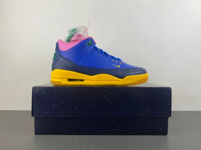 Air Jordan Blue Yellow High-Top Leather And Mesh Upper Basketball Shoes 15