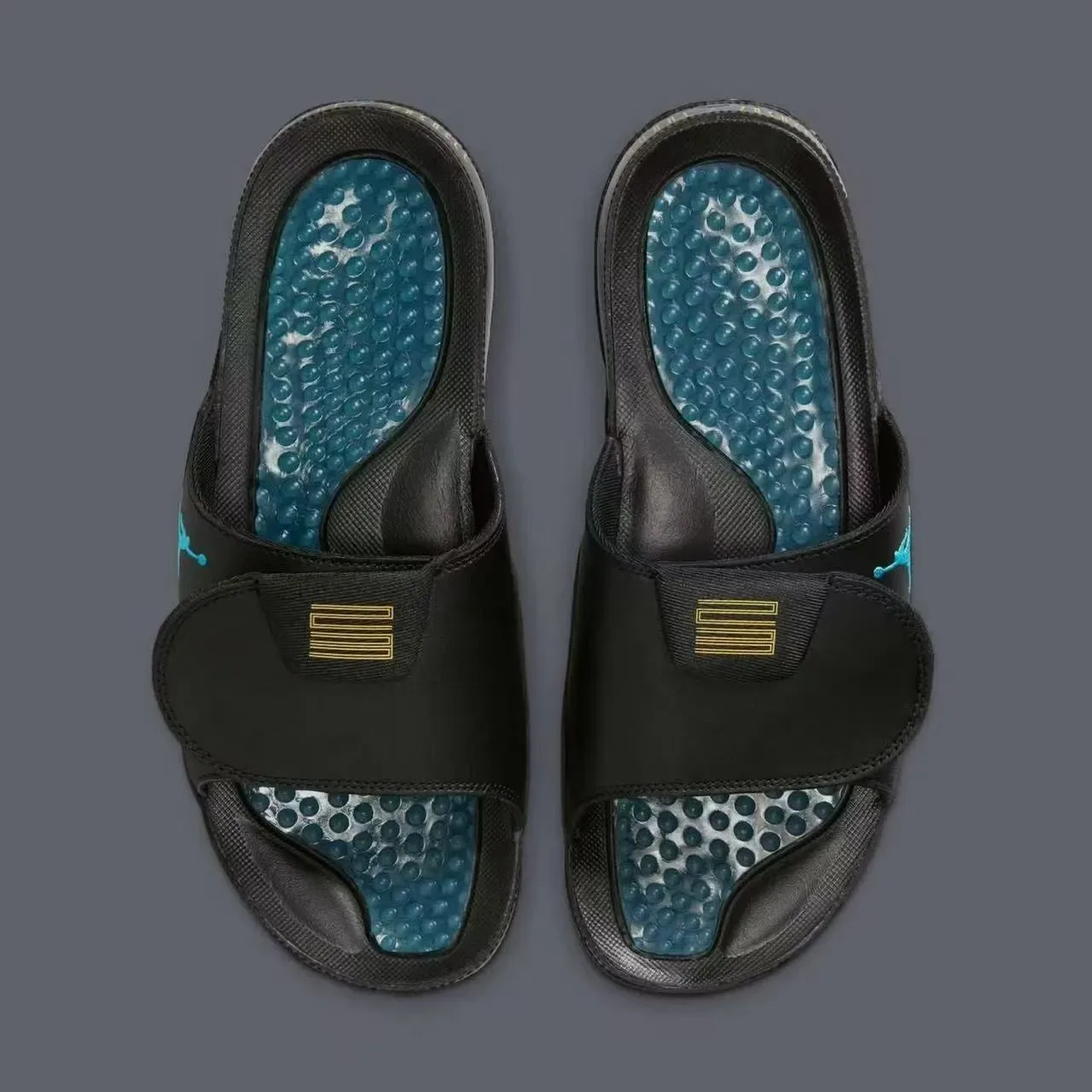 Air Jordan Slide Black Blue Patent Toe Bumper Turquoise Jumpman Logo Slippers 3