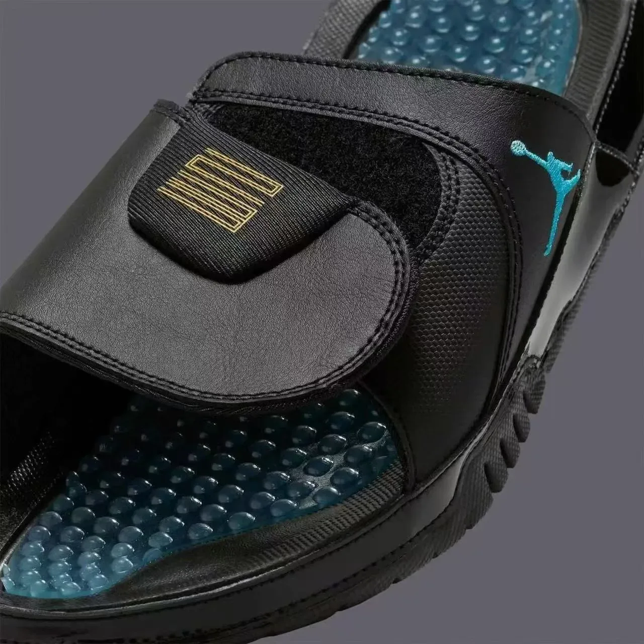 Air Jordan Slide Black Blue Patent Toe Bumper Turquoise Jumpman Logo Slippers 4