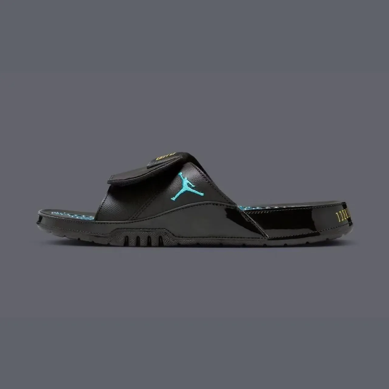 Air Jordan Slide Black Blue Patent Toe Bumper Turquoise Jumpman Logo Slippers 5