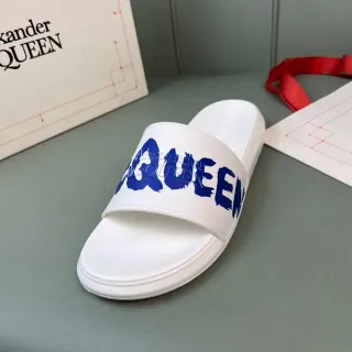 Alexander McQueen Logo Slide White Blue Strap Molded Rubber Sole Slippers