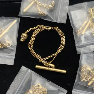Alexander McQueen Skull Bracelet Gold Double Curb Chain Charm Bracelet