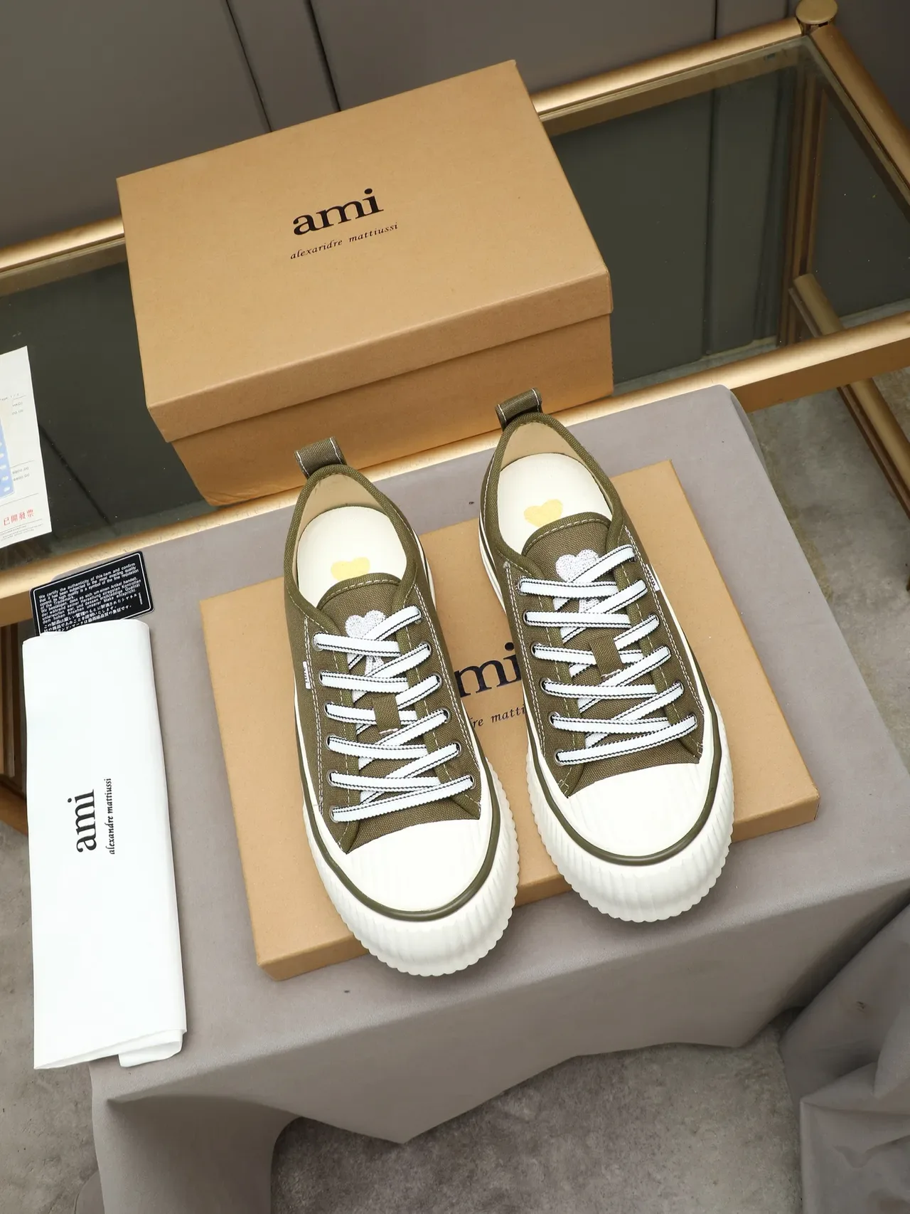 AMI Paris de Coeur Army Green White Canvas Upper Platform Sole Sneakers 3