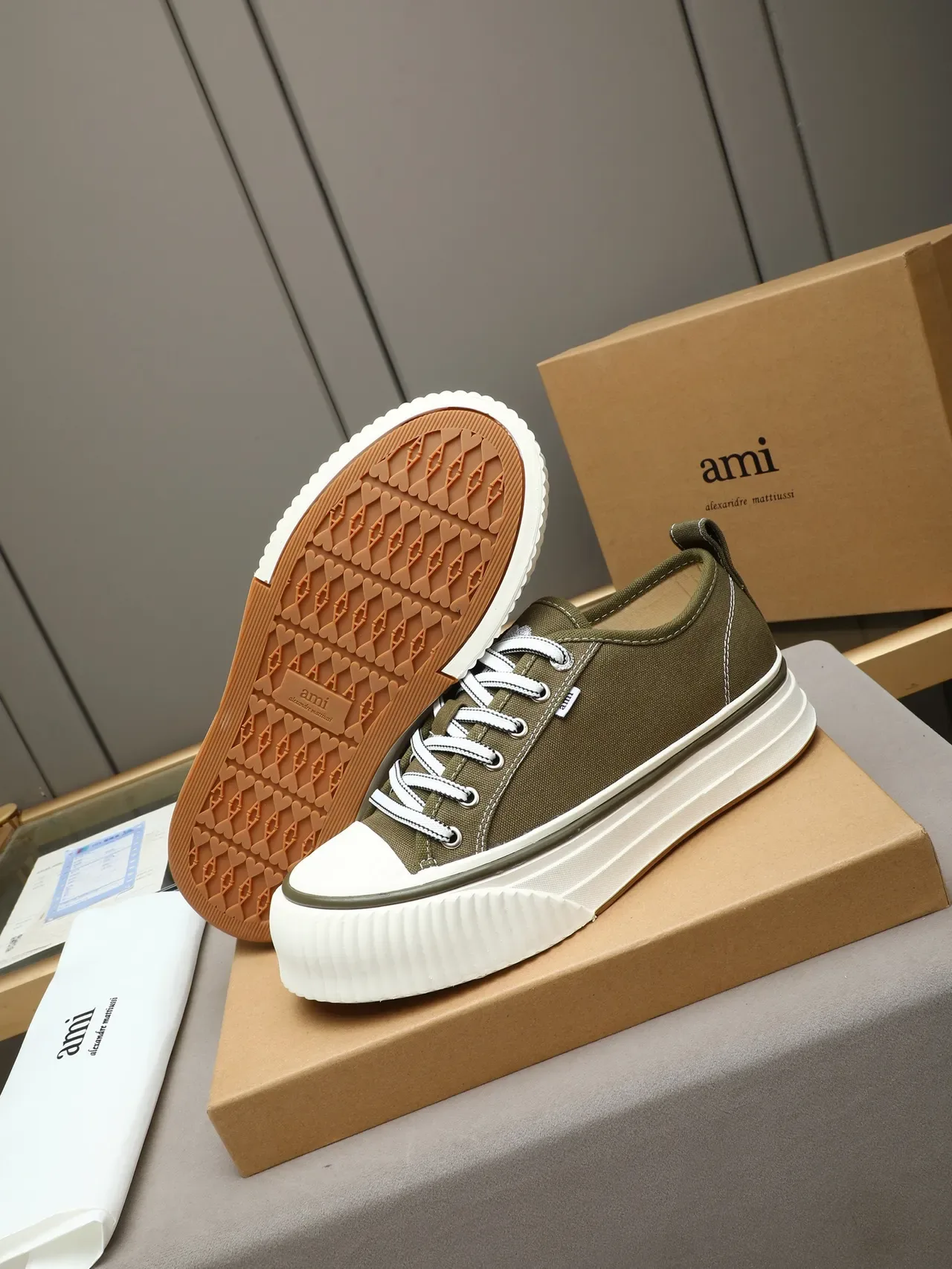 AMI Paris de Coeur Army Green White Canvas Upper Platform Sole Sneakers 5