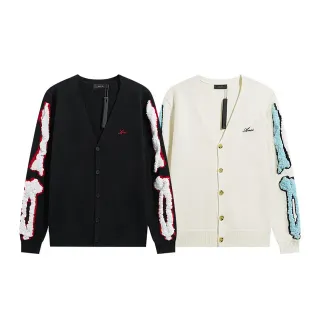 Amiri Bone Appliqué Black Beige V-Neck Button-Front Cardigan