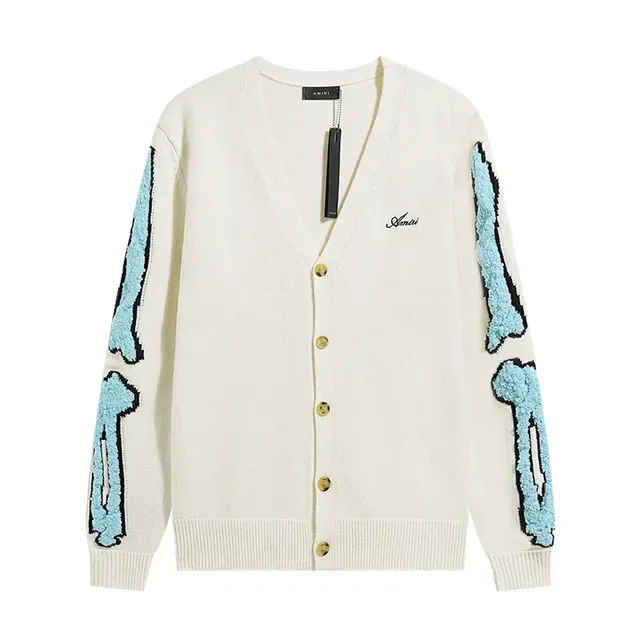 Amiri Bone Appliqué Black Beige V-Neck Button-Front Cardigan 2